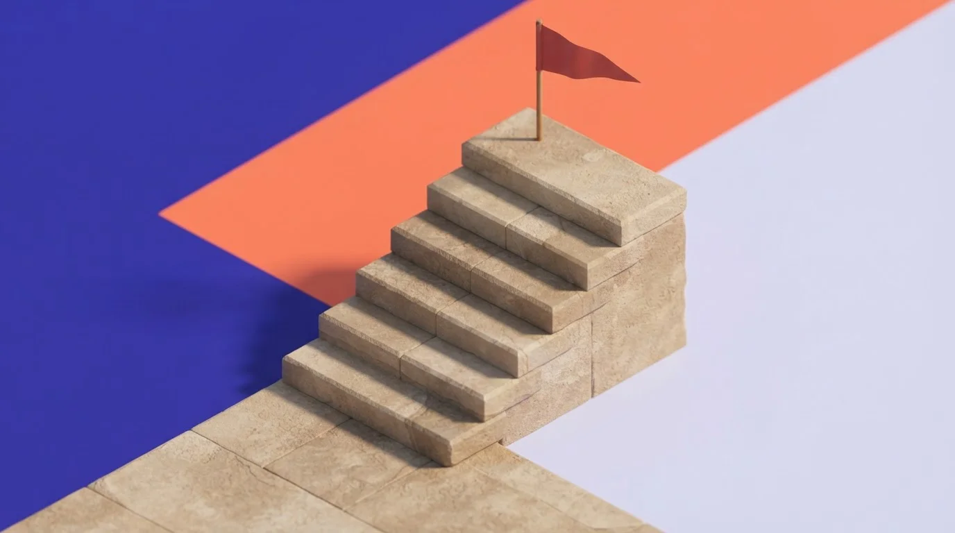 Treppe aus mehreren Stufen mit einer kleinen Zielfahne