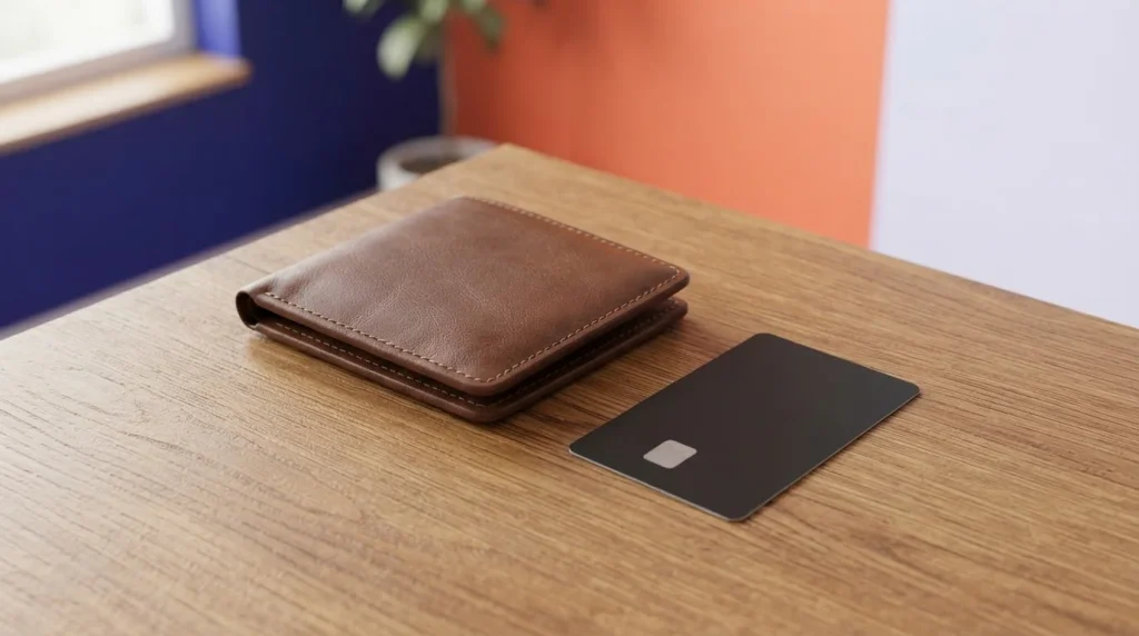 Lederbrieftasche neben einer Bankkarte auf einem Holztisch