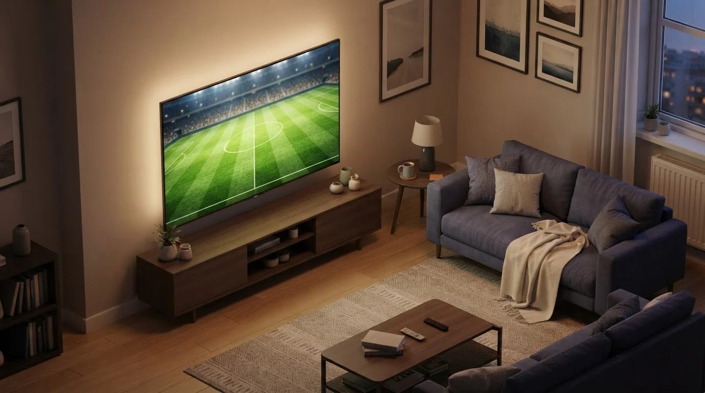 Fernseher zeigt ein beleuchtetes Spielfeld neben einem Sofa
